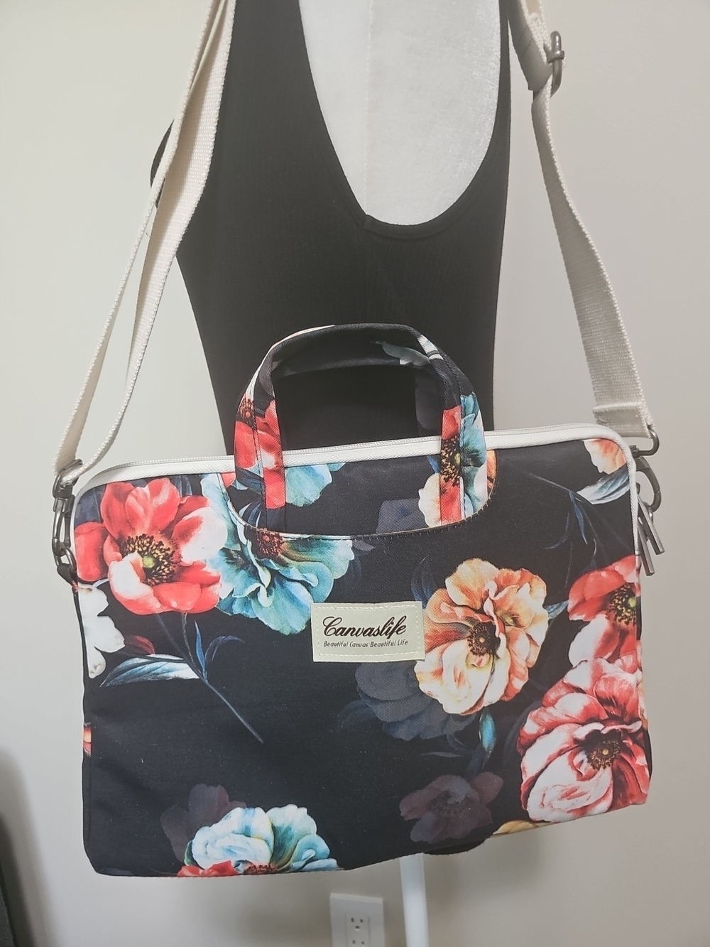 Floral Navy Laptop Bag with Cream Strap